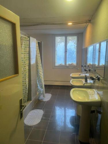 a bathroom with three sinks and a window at Wellness & Nature Hostel in Pirkenhammer