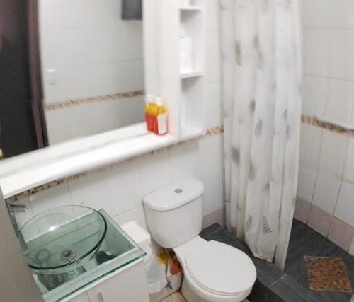 a bathroom with a toilet and a sink and a mirror at Departamento Los Andes in Los Andes