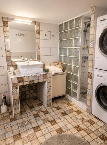 a bathroom with a sink and a washing machine at 100 éves Présház in Badacsonyörs