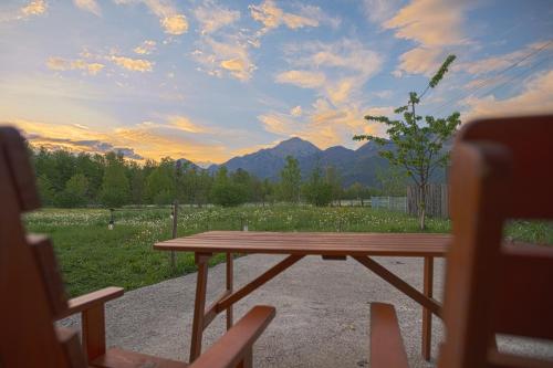 a picnic table with a view of a field and mountains at Glamping by the Old Mill in Preddvor
