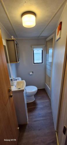 a bathroom with a sink and a toilet and a window at No 21 The Tummel in Forfar
