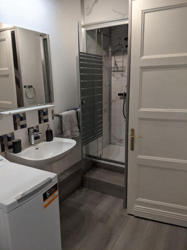 a bathroom with a sink and a shower and a toilet at Mousse appart 3 pers à Sangatte au 1e étage à 50 metres de la plage in Sangatte