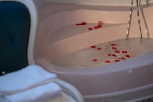a bath tub filled with red hearts on the floor at La Casa di Mimma in Caposele
