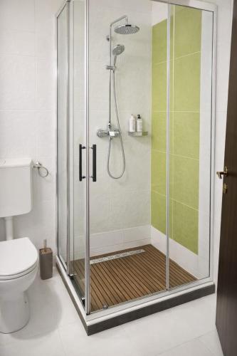 a shower with a glass door in a bathroom at Adori Boutique in Eforie Nord