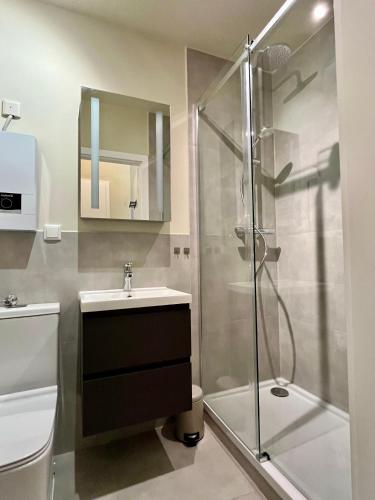 a bathroom with a sink and a shower at Apartments am Burgberg in Bad Harzburg