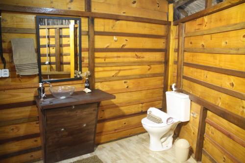 a wooden bathroom with a toilet and a sink at Raiz Hostel in Jericoacoara