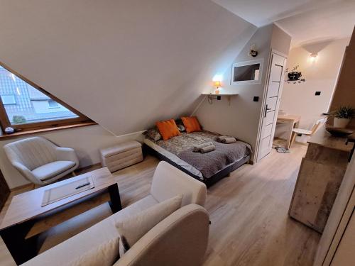 a small room with a bed and a couch at Pokoje, apartament NA WYSPIE in Sobieszewo