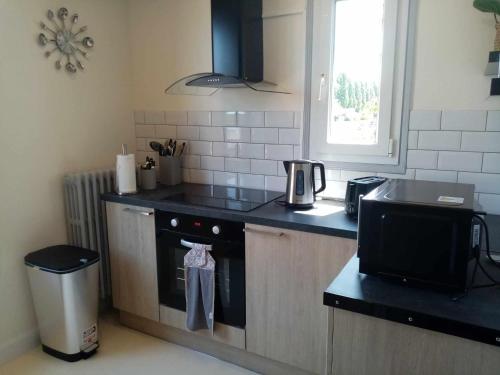 a kitchen with a sink and a stove and a microwave at L'échappée Dervoise in Montier-en-Der