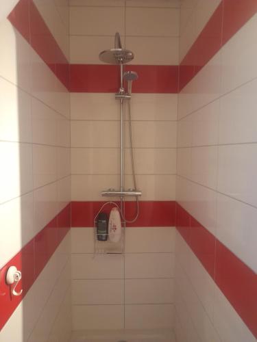 a shower with a red and white tiled wall at Chambre chez Danuta in Champagnole