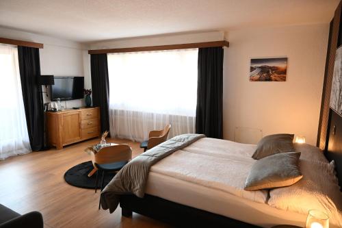 a bedroom with a bed and a large window at Hotel Europe Brig in Brig