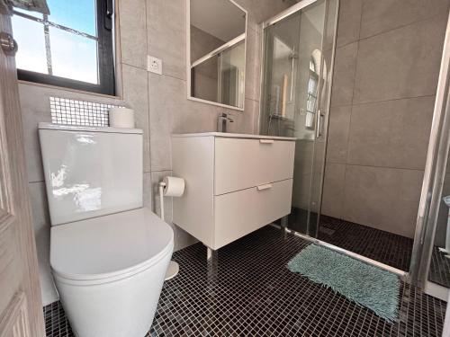 a bathroom with a white toilet and a shower at Fuerte premium blue in Costa Calma