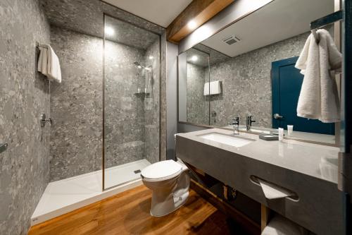 a bathroom with a shower and a toilet and a sink at Great Wolf Lodge Waterpark Resort in Niagara Falls