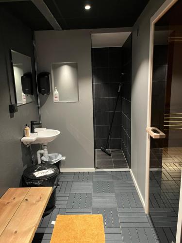 a bathroom with a shower and a sink at Järvsö Kramstatjärnsvägen 10E in Järvsö