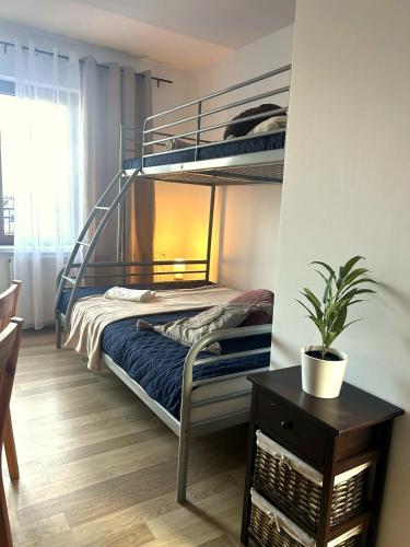 a bedroom with a bunk bed with a potted plant at Big Foot by MANGO Food&Bar in Karwia