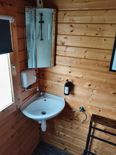 a bathroom with a sink and a mirror at Emili Fois in Tore