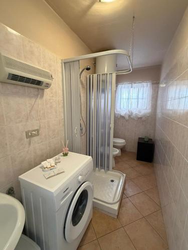 a bathroom with a washing machine and a toilet at Il Rustico di Calosso in Calosso
