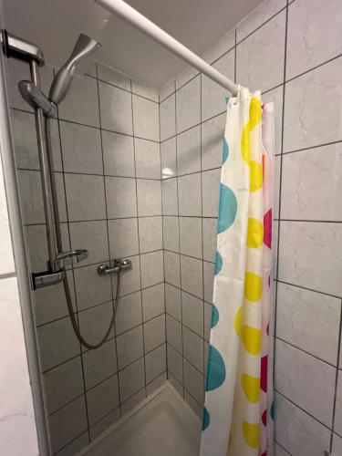 a shower with a shower curtain in a bathroom at Ildi nyaraló in Gárdony