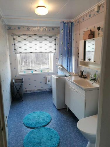 a bathroom with a sink and a toilet and two rugs at Cozy cabin near the river in Kangos