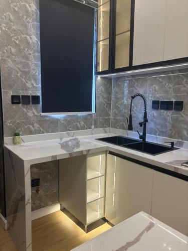 a kitchen with a sink and a counter top at Vluxuries in Lekki