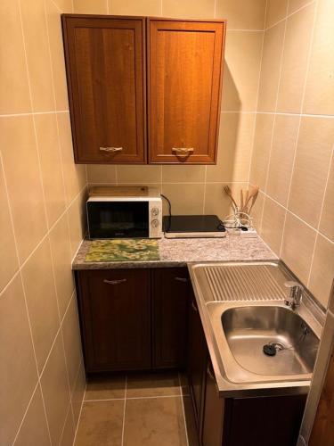 a small kitchen with a sink and a microwave at okuninkanoclegi in Okuninka
