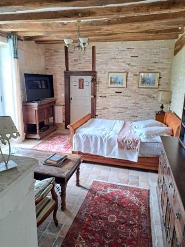 a bedroom with a bed and a tv in a room at Chambre d'hotes de l'Ecu in Preuilly-sur-Claise