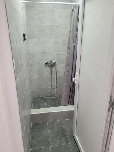 a bathroom with a shower with a glass door at Apartman Terrazza in Igalo