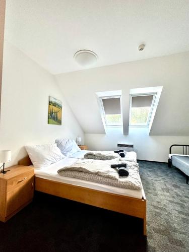 a bedroom with a large bed with two skylights at Penzion Mítkov in Brandýs nad Orlicí