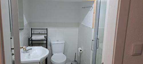 a white bathroom with a toilet and a sink at Elvasguesthouse in Elvas