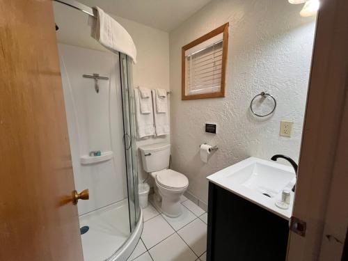 a bathroom with a toilet and a sink at The Spruce Lodge in South Fork