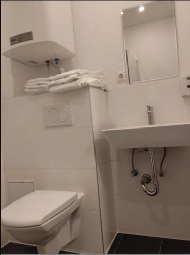a white bathroom with a toilet and a sink at Mozart Salzburg Residence in Salzburg