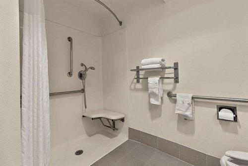 ein Badezimmer mit Dusche, Toilette und Handtüchern. in der Unterkunft Super Star Inn & Suite Lincoln Crete in Crete