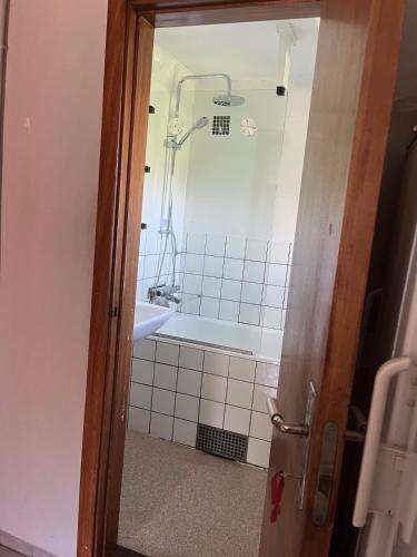 a bathroom with a shower and a bath tub at Starby bondgård in Ängelholm