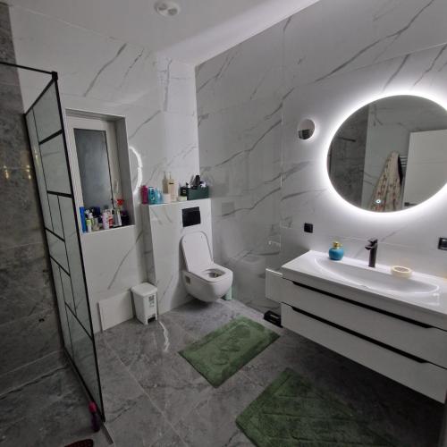 a bathroom with a sink and a toilet and a mirror at Villa Breza in Bihać