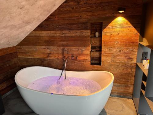 a bath tub with purple dye in a bathroom at Appartement der Extraklasse mit Whirlpool in Roding