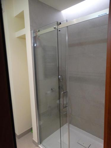 a glass shower in a bathroom with a ceiling at Aldi Apartments Porta Mare in Dziwnówek