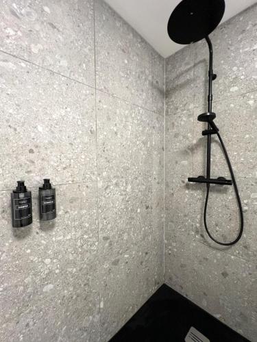 a corner of a bathroom with a shower in a room at L'Héritage, Loft design et pierre in Dol-de-Bretagne