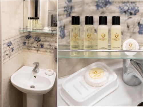 two pictures of a bathroom with a sink and bottles of soap at Old Tbilisi Georgian Soul in Tbilisi City