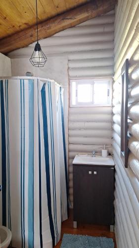 a bathroom with a sink and a window at Cabañas La Silvanita in Balcarce
