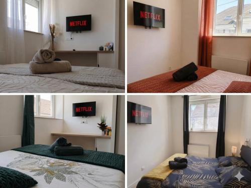 four pictures of a room with a bed and a tv at Les Fontaines in Besançon