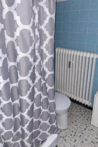 a bathroom with a toilet and a shower curtain at Smart in Bad Pyrmont