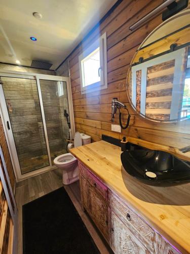a bathroom with a sink and a toilet at Bungalow Sugarcane in Saint-Louis