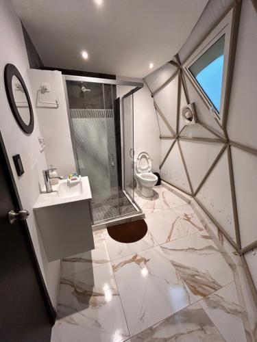 a bathroom with a sink and a shower and a toilet at Meraki Cabañas & Glamping By GEstores in Mineral del Chico