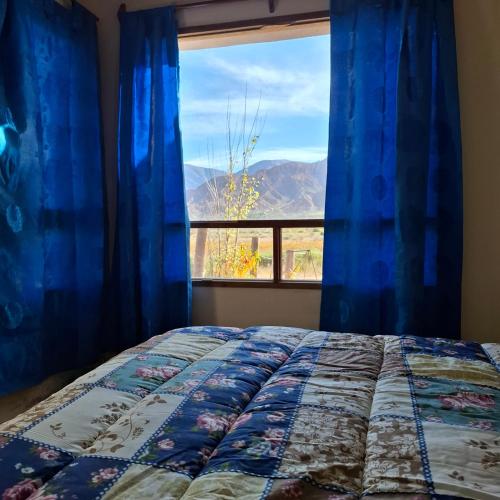 a bedroom with a bed and a window with blue curtains at El Rincón de la Quebrada in Tilcara