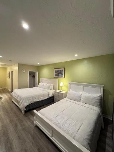 two beds in a room with green walls at Stardust Hotel in Miami Beach