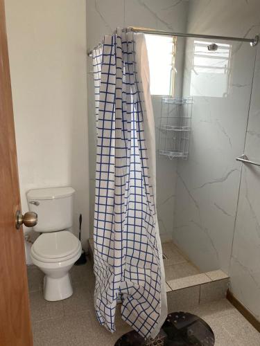 a bathroom with a toilet and a shower curtain at Cabañas CR guanaqueros in Coquimbo