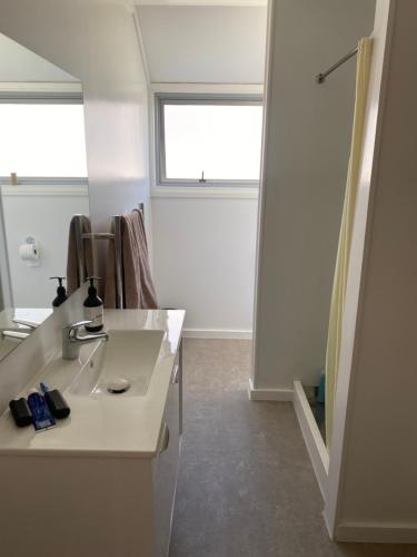a bathroom with a sink and a mirror at Beach side Waikanae Bach in Waikanae
