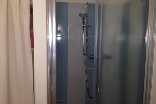 een douche met een glazen deur in de badkamer bij Sonomusica B&B in Gazzola Di Rivalta