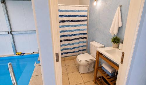 a bathroom with a toilet and a shower and a sink at Lakefront, Jacuzzi and Pool in San Carlos de Bariloche