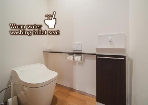 a bathroom with a toilet and a counter at 湯宿 蒼の月 in Oita
