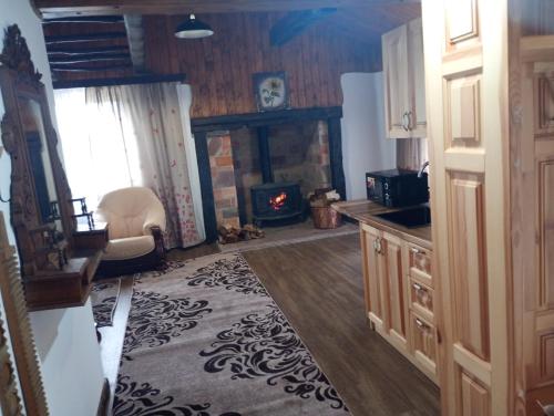 a kitchen with a fireplace and a stove at Глинобитні будиночки in Darakhov
